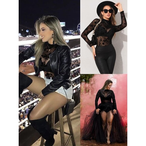 🆕 Women Black Mesh Tops Long Sleeve Mock Neck Fitted Sexy Through Tee Design - Picture 3 of 8
